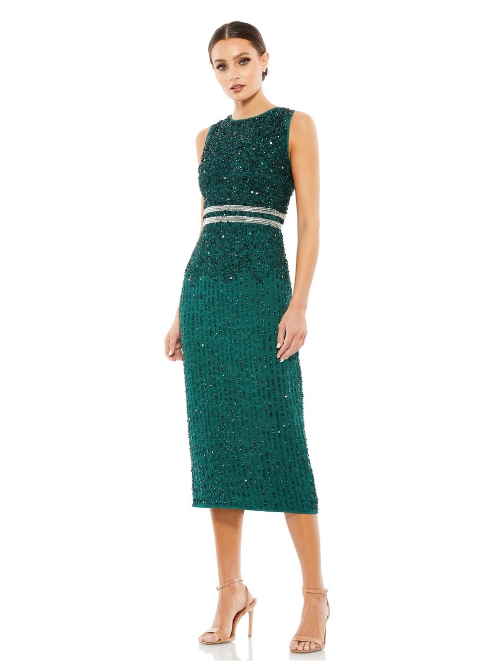 Mac Duggal Sleeveless High Neck Beaded Midi Sheath Dress Size 12